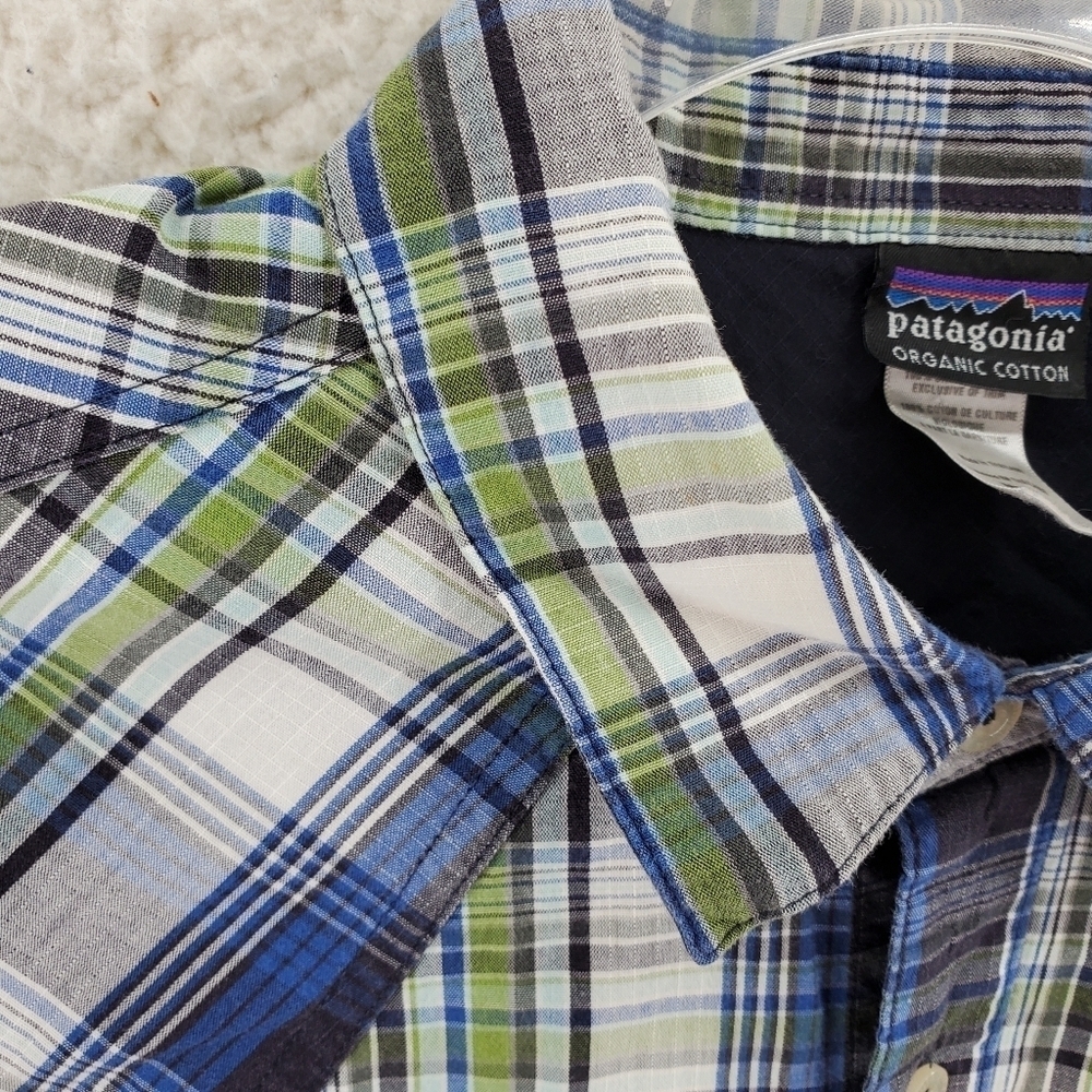 Patagonia Shirt Plaid Organic Cotton Green Blue White Button Up Mens M - Picture 11 of 13